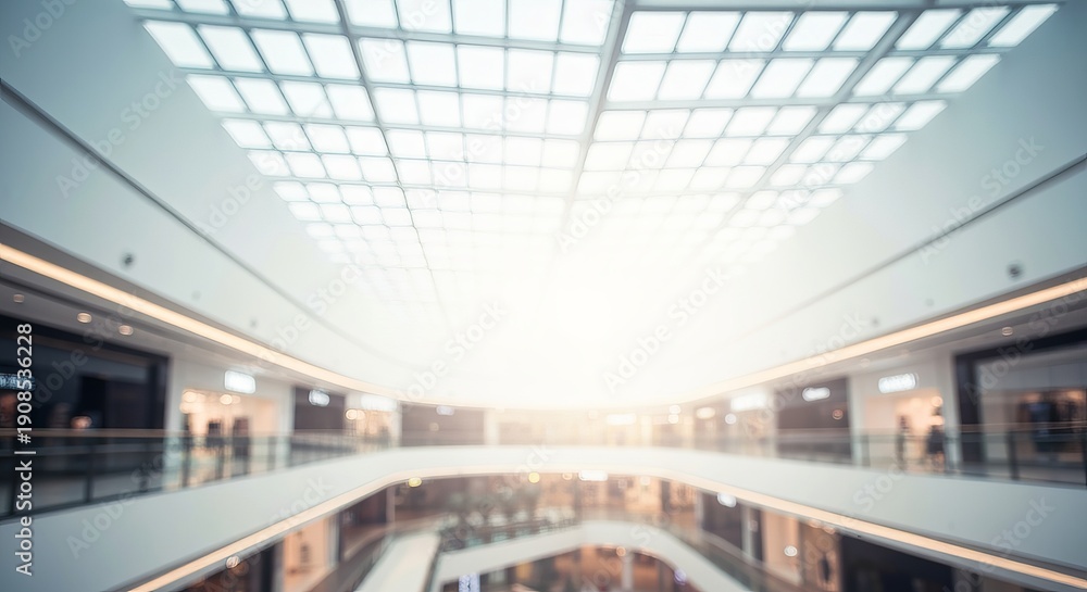 Obraz premium Abstract Dreamy Shopping Mall Atrium with Sunlight Glare and Blurred Indoor Architecture Design