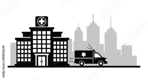 Hospital building and ambulance in a city black silhouette
