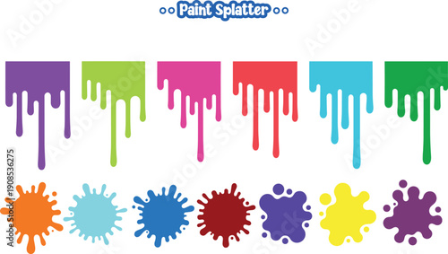 Paint Splatter, Colorful paint splashes, Vector illustration of colorful splashes, Bright Paint Splatter Border and Acrylic Splat Elements with Rainbow Color Drips for Artistic Frame Decorations