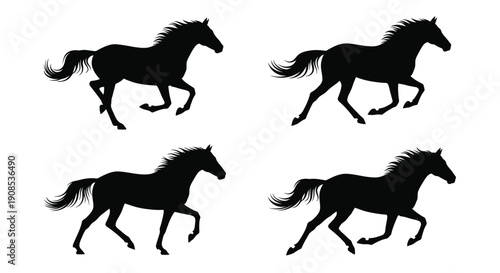 Four black horse silhouettes in different running poses silhouette
