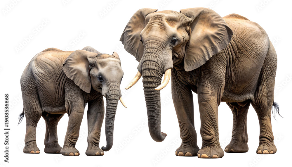 Fototapeta premium A majestic adult African elephant and its adorable calf standing together. Detailed illustration of a wildlife family, showing maternal bond and protection, isolated on a transparent background.
