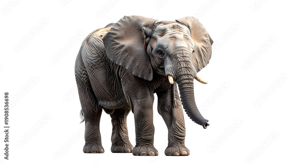Fototapeta premium Majestic African Elephant standing proud, full body view. This realistic portrayal of the large land mammal captures its powerful presence and wrinkled skin texture, isolated on a transparent backgrou
