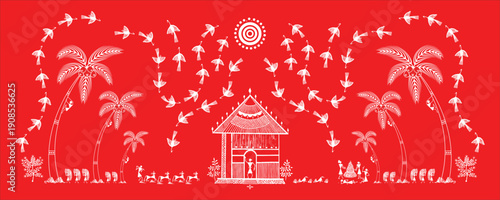 Authentic Warli Tribal Art - Sustainable Village Life, Trees, and Animals in Ancient Tribal Style. Warli art, Nature harmony, Tribal life, Indian folk painting