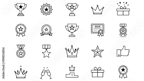 Achievement and Awards Icon Set in Flat Line Vector Style on png Background, achievement icons, award symbols, success recognition, trophy icons, medal icons, certificate icon, crown icon, star icon, 
