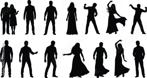 Black silhouette collection of diverse men and women in formal evening wear dancing standing and posing isolated on white background for social event design