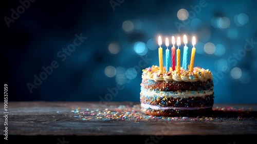 Birthday celebration theme for party event. A birthday cake with lit candles on top of it, surrounded by colorful sprinkles on a wooden surface. The background is slightly blurred.