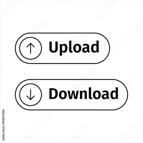 Pill-Shaped Action Buttons Modern linear buttons for file management. Features clear Upload and Download labels with integrated directional arrows for a sleek, intuitive user interface. Vector EPS 10.