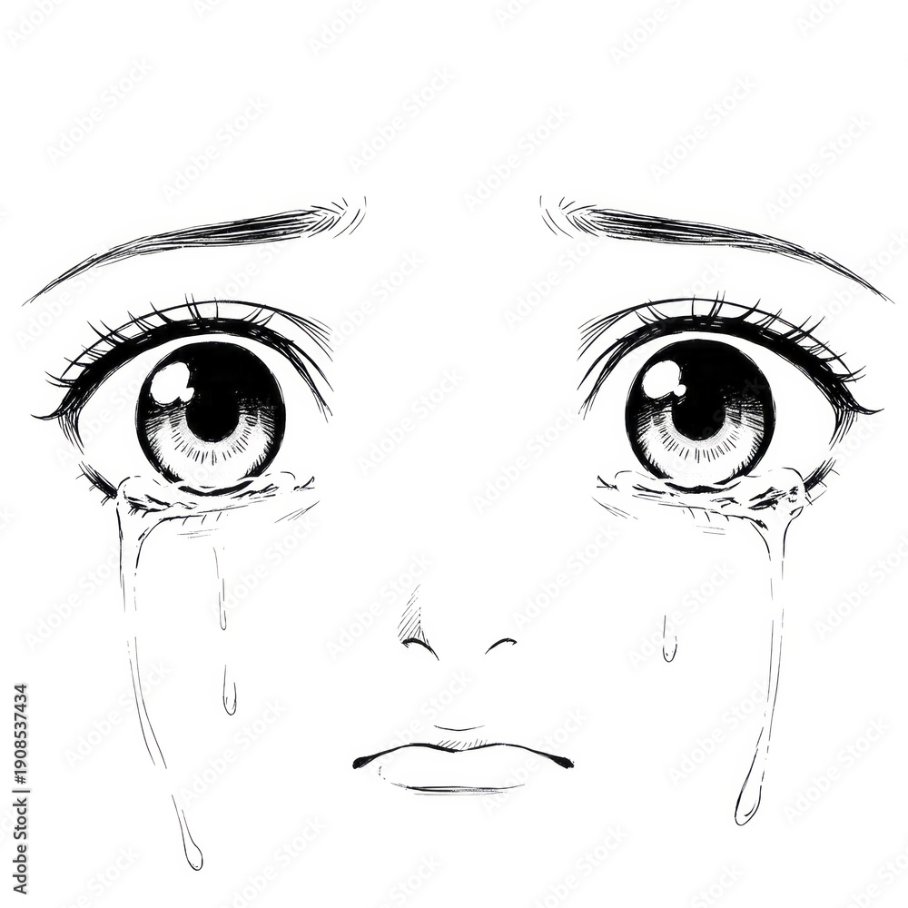 Fototapeta premium Anime style eyes with tears streaming down a face.
