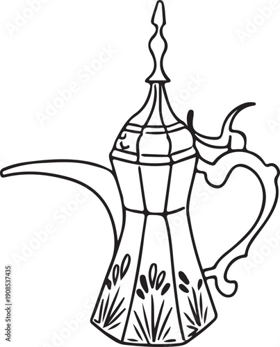 Elegant ornate Arabic coffee pot outline illustration.