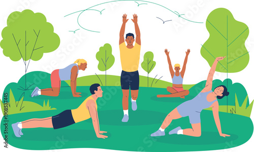 Diverse group doing yoga and exercises in a park fitness