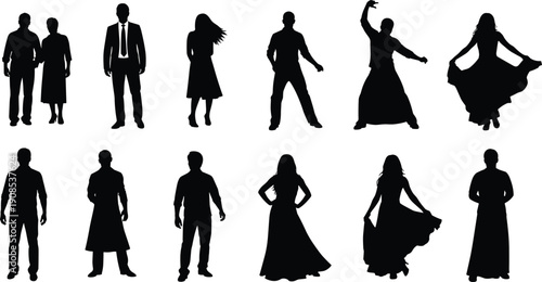 WebBlack silhouette collection of elegant men in suits and women in long flowing dresses posing and dancing isolated on white background for social events (25 words)