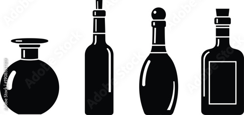 Black silhouette vector illustration of four distinct bottle shapes with unique caps, packaging icons for wine, champagne, liquor, perfume design