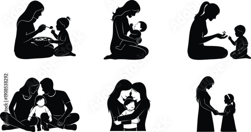 A collection of black silhouettes illustrating the bond between parents and children