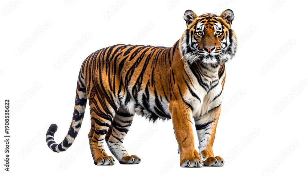 Obraz premium A majestic full-body portrait of a tiger standing and looking forward with an intense gaze. Isolated image of the big cat with a transparent background for easy compositing and design use.