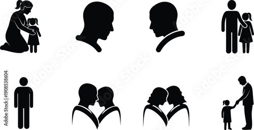 A collection of minimalist black silhouettes representing diverse human relationships and family structures.