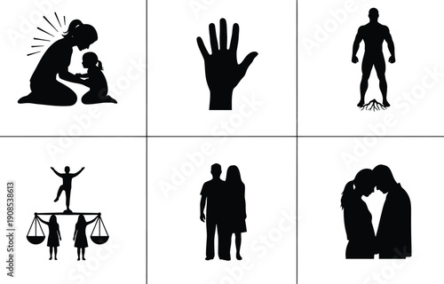 A grid display of silhouettes illustrating fundamental human connections, values, justice, and personal stability.