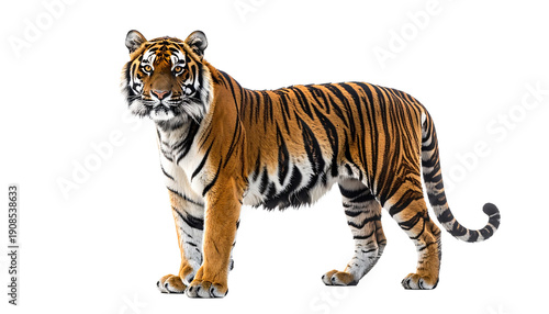Wallpaper Mural Full body shot of a majestic Siberian tiger standing and looking at the camera. Realistic wild cat with orange and black stripes isolated on a transparent background for easy compositing. Torontodigital.ca