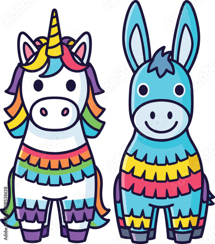 Colorful Unicorn and Donkey Piñata Vector Illustration Set for Birthday Parties, Mexican Fiesta Celebrations, Kids Events, and Festive Decorative Graphic Design Elements