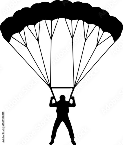 A silhouette of a person parachuting against a white background on transparent background