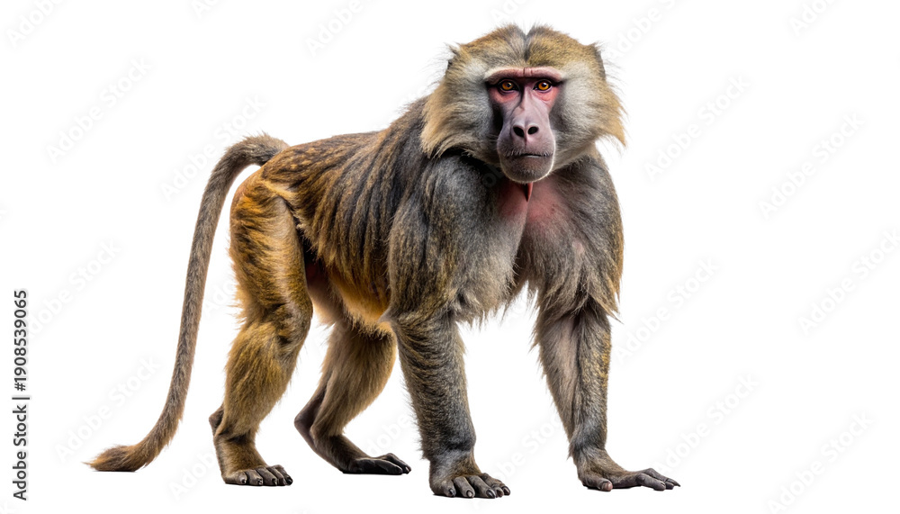 Fototapeta premium Full-length portrait of a male Hamadryas baboon standing and looking directly at the camera. This wild primate from Africa is isolated on a transparent background, perfect for wildlife projects.