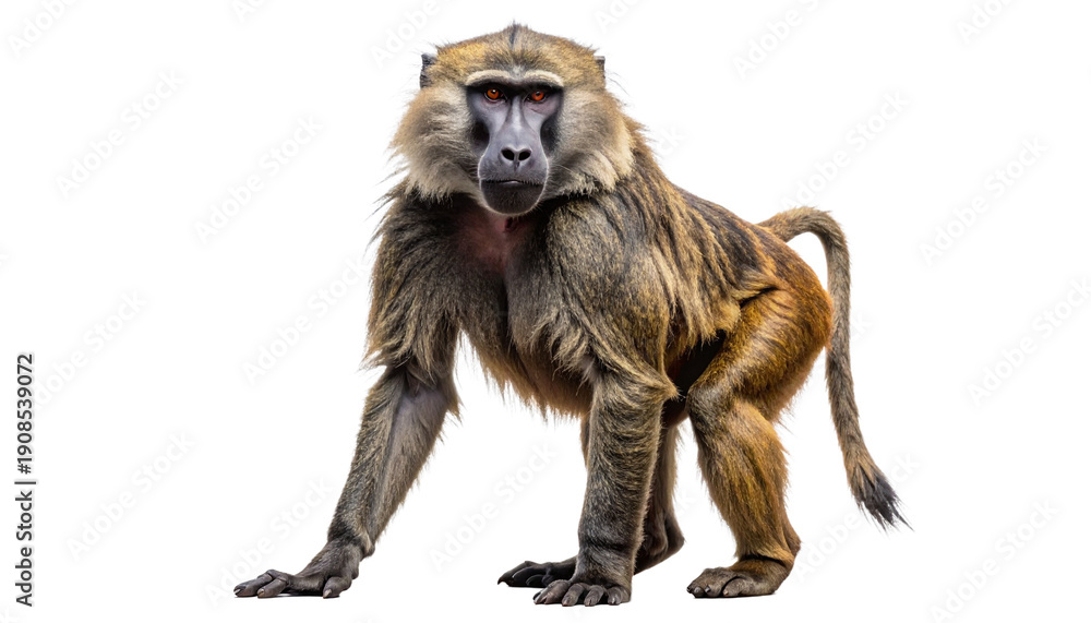 Fototapeta premium A highly detailed full-body portrait of a powerful male Guinea baboon standing and looking directly at the camera, showcasing its thick fur and intense eyes, with a transparent background.