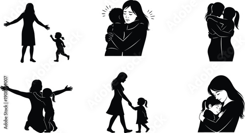 A collection of black silhouettes illustrating different emotional moments of a mother and daughter relationship
