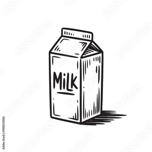 Doodle style hand drawn illustration of milk carton or box, fresh dairy product in package, black and white line art sketch on transparent background