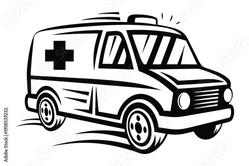 Ambulance Black and White Illustration, Emergency Vehicle Graphic, Speeding Van Clipart