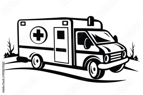 Ambulance Car Icon on Road Monochrome Emergency Vehicle Style