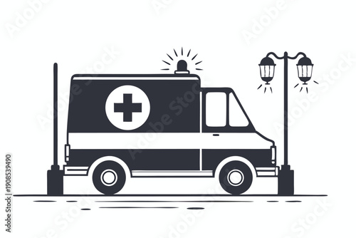 Illustrated Dark Silhouette Ambulance with Siren and Street Lamp on White Background