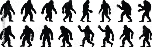 Bigfoot silhouettes illustration with walking, standing, crouching, gesturing poses, cryptid creature artwork, black and white folklore, mythical design concept