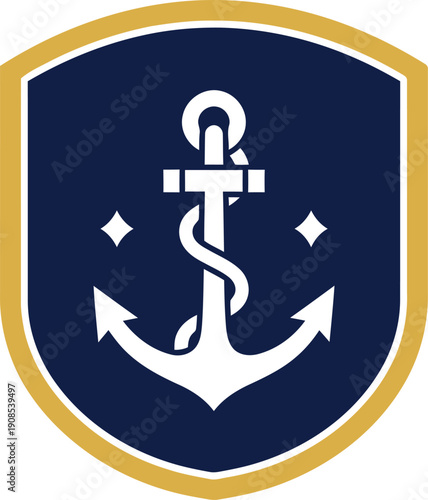 Navy emblem with anchor and caduceus on blue shield, maritime medical insignia vector illustration