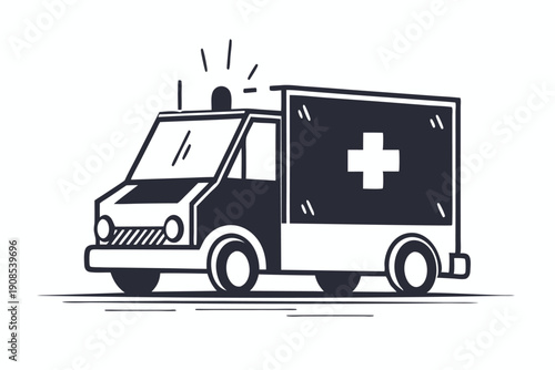 Simplified Black and White Ambulance Car with Emergency Lights and Cross Design Icon