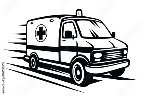 Fast Moving Ambulance Vehicle with Medical Cross Sign, Isolated in Black and White