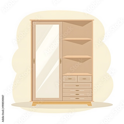 organizing wooden wardrobe with mirror and shelves for person in bedroom area