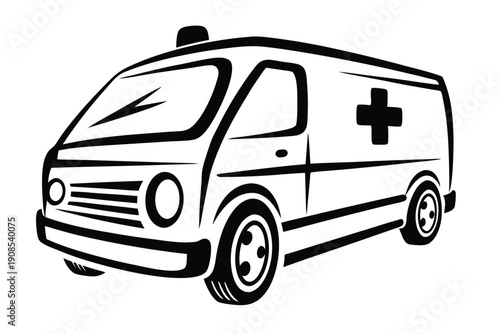 Black & White Ambulance Car, Outline Style, Health Icon, Emergency Vehicle, Isolated