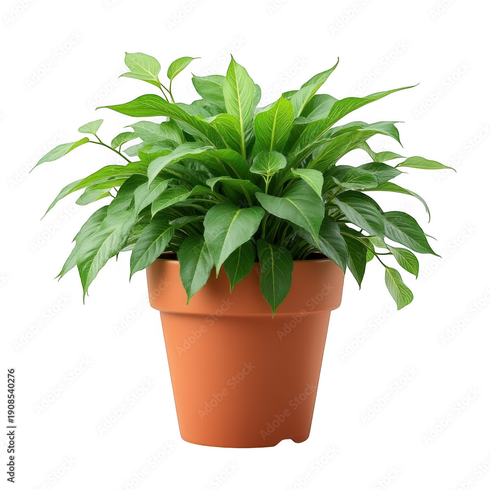 Obraz premium A lush green plant in a terracotta pot with vibrant leaves and a healthy appearance. isolated on transparent background