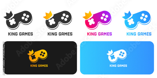 Modern collection of game controller logos with a crown element for King Games. Minimalist flat design with vibrant gradients, ideal for mobile game interface icons and tech branding.