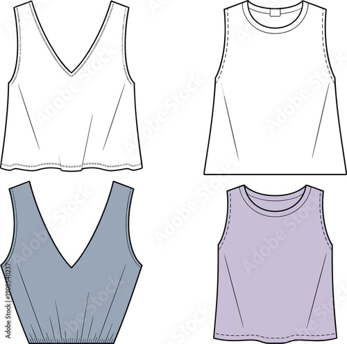 Women sleeveless top vector set, female tank tops and blouse illustration, modern fashion apparel technical flat design