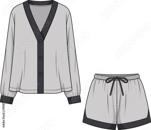 Women loungewear set vector, female cardigan top and shorts pajama illustration, modern homewear sleepwear fashion flat design