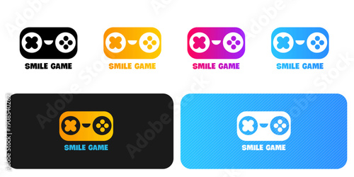 Creative Smile Game logo collection featuring a minimalist gamepad with a smiling face design. Includes vibrant gradient icons on white, black, and blue backgrounds for gaming apps