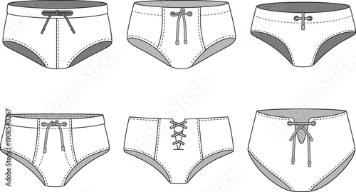 Women underwear bikini briefs vector set, female lingerie panties front view illustration, modern intimate apparel fashion technical design