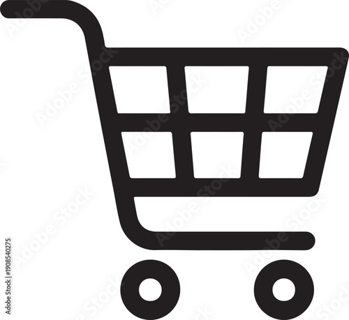 Simple black line icon depicting a traditional shopping cart with four wheels for retail purchases