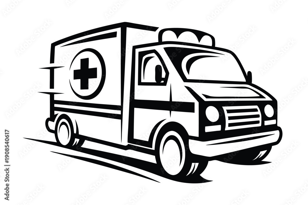 Fototapeta premium Retro Ambulance Van Monochrome Design Medical Emergency Vehicle, Isolated, Silhouette