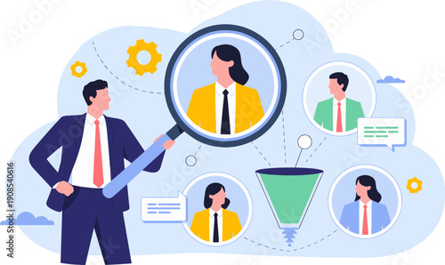 Recruitment funnel and candidate screening process with businessman using magnifying glass for human resources and talent acquisition concept