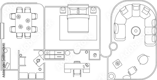 Residential floor plan illustration with bedroom, living room, dining, kitchen, office, bathroom, furniture layout, black and white design concept