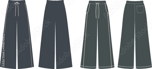 Women wide leg pants vector set, palazzo trousers fashion illustration, casual loose fit trousers design, modern female clothing flat style