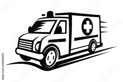 Black and White Ambulance Silhouette with Motion Lines. Emergency Vehicle Icon Design