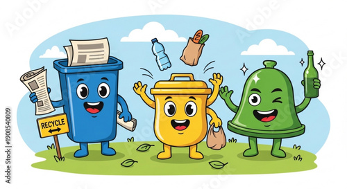 Colorful cartoon recycling bins and trash cans with smiling faces on green grass