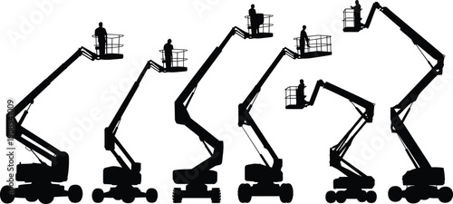 Boom lift silhouette set with workers, aerial work platform and cherry picker machines, construction equipment safety icons isolated vector illustration
